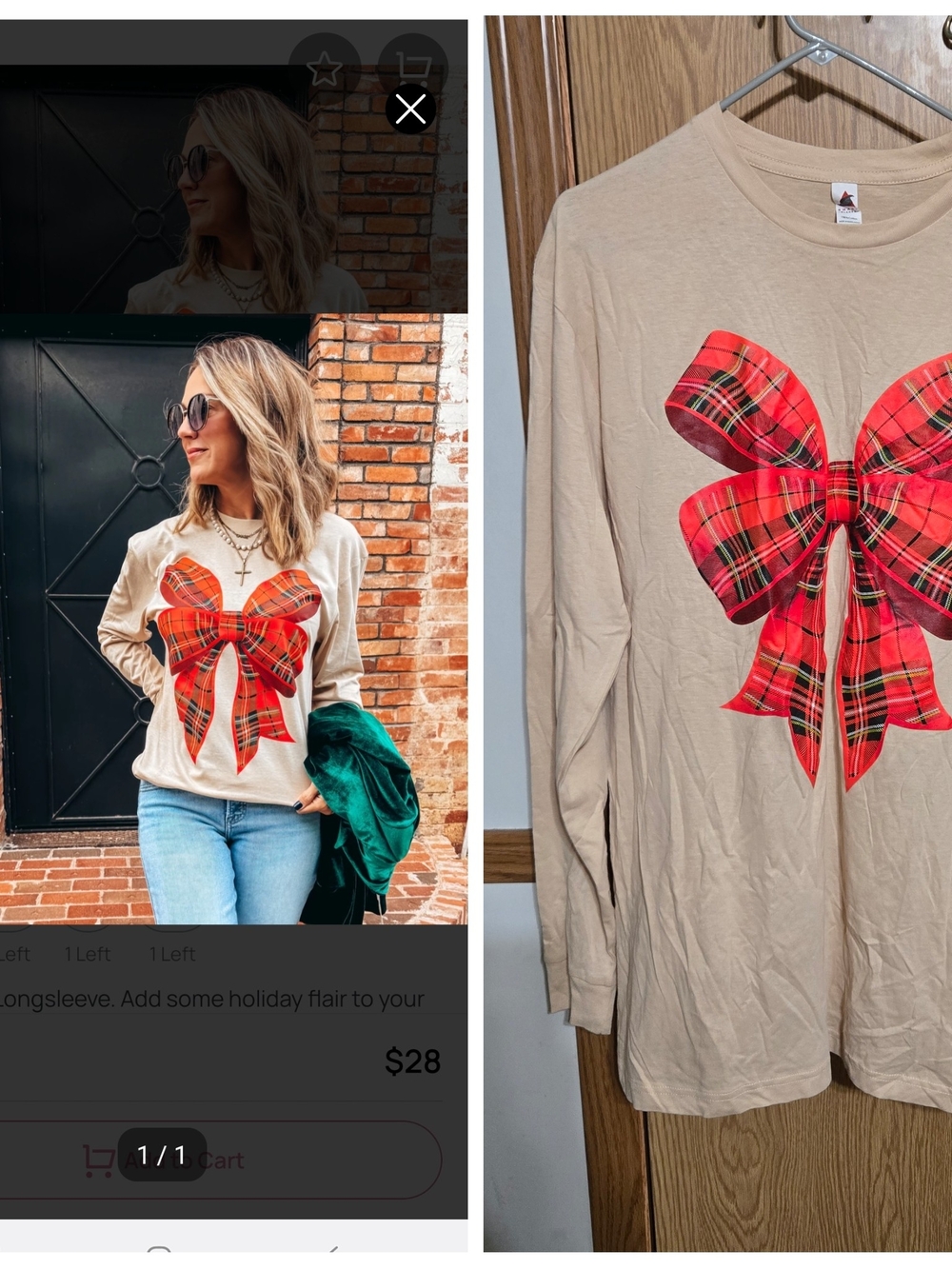 Beige Long Sleeve Tee with Red Plaid Bow Graphic